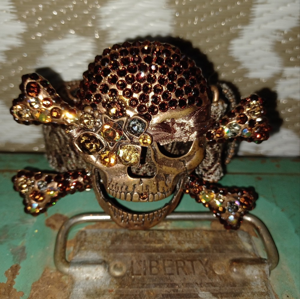 Embellished Skull & Crossbones Statement Belt - Brown Amber Rhinestones